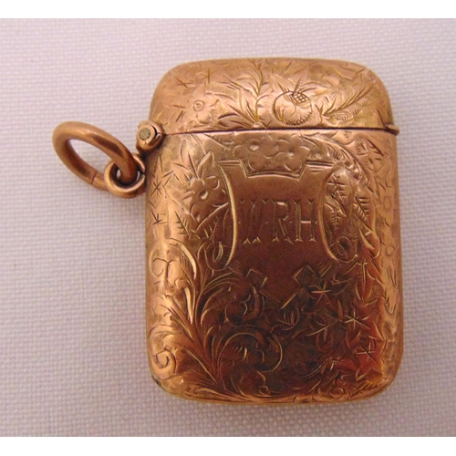 397 - 9ct gold vesta case, sides engraved with leaves and flowers, approx total weight 11.4g