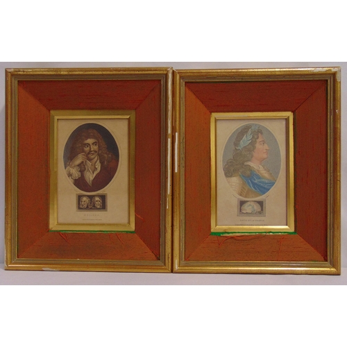 41 - A set of four framed and glazed polychromatic prints depicting George II, Louis XI and Louis XIV,of ... 