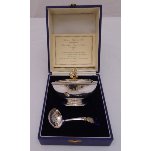 413 - Asprey & Co hallmarked silver and silver gilt sugar bowl, cover and sifting spoon, number. 21 limite... 