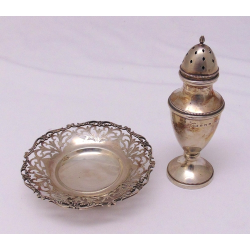 429 - A hallmarked silver sugar sifter, Birmingham 1935 and a white metal pierced bonbon dish