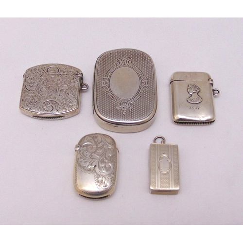 439 - Five hallmarked silver vesta cases, various shape, form and decoration, approx total weight 112g