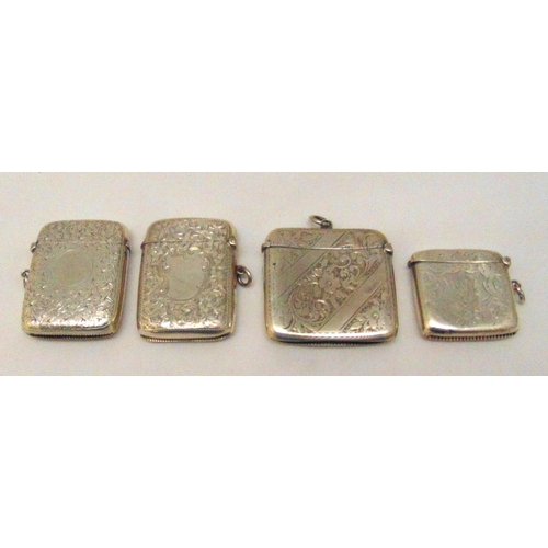 446 - Four hallmarked silver vesta cases, various shape, form and decoration, approx total weight 126g