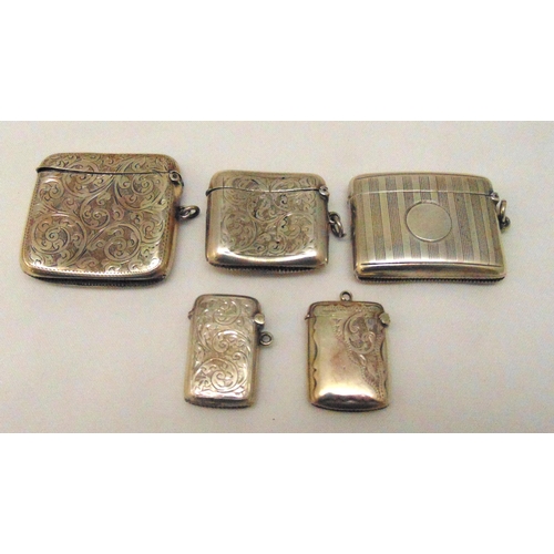 447 - Five hallmarked silver vesta cases, various shape, form and decoration, approx total weight 130g