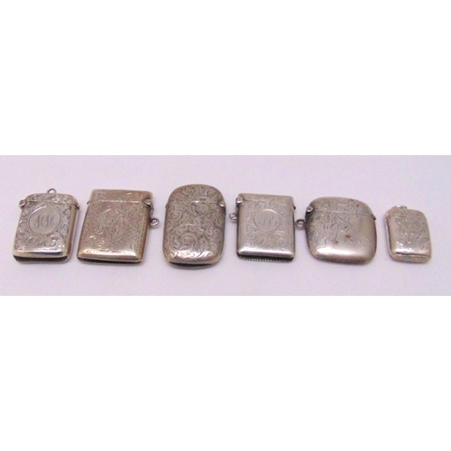 449 - Six hallmarked silver vesta cases, various shape, form and decoration, approx total weight 116g