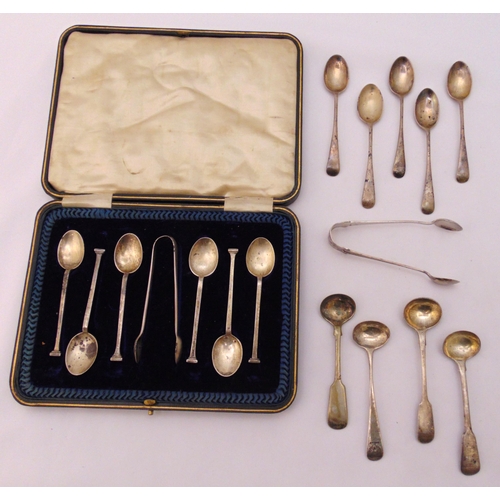 453 - A cased set of hallmarked silver coffee spoons, a pair of sugar tongs and a quantity of hallmarked s... 