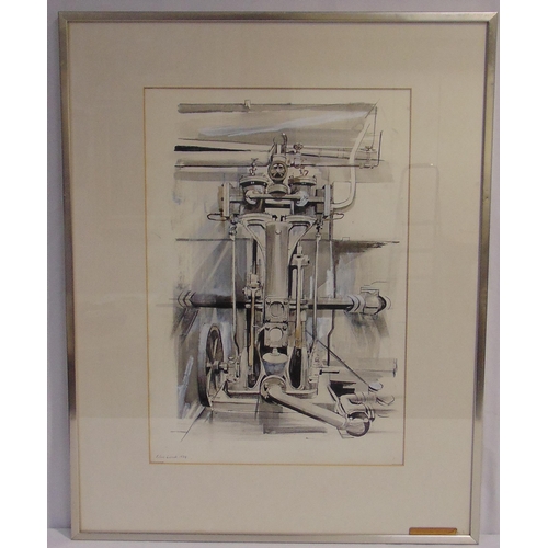 46 - Edna Lumb two framed and glazed drawings of oil pumps from Tower Bridge, labels to verso, signed lef... 