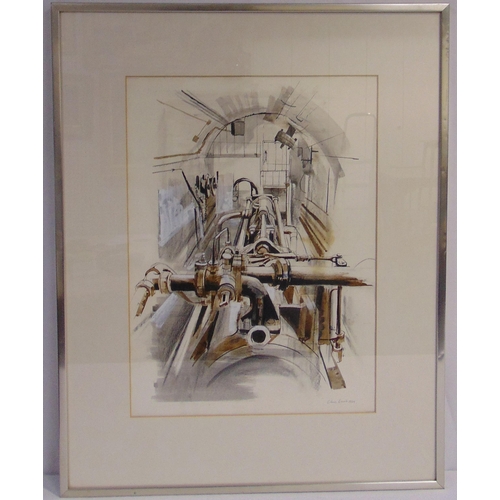 46 - Edna Lumb two framed and glazed drawings of oil pumps from Tower Bridge, labels to verso, signed lef... 