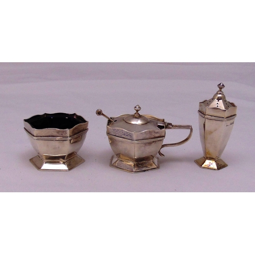 470 - An Art Deco style hallmarked silver three piece cruet set, approx total weight of silver 162g