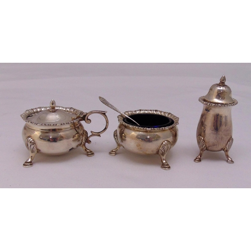 471 - Mappin and Webb hallmarked silver three piece condiment set, compressed circular form with gadrooned... 