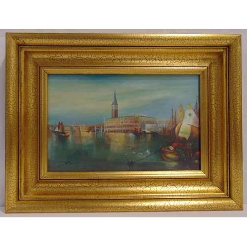 70 - Hugh Ross framed and glazed oil on board of a Venetian scene, signed bottom left, 18 x 29cm