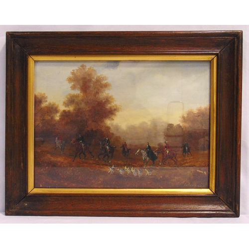 88 - Vecsey Kalman Colomanus framed and glazed oil on board of a hunting scene, signed bottom right, 27.5... 