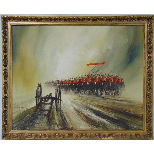 89 - John Bampfield framed oil on canvas Column of Soldiers, signed bottom left, 60.5 x 76cm, ARR applies