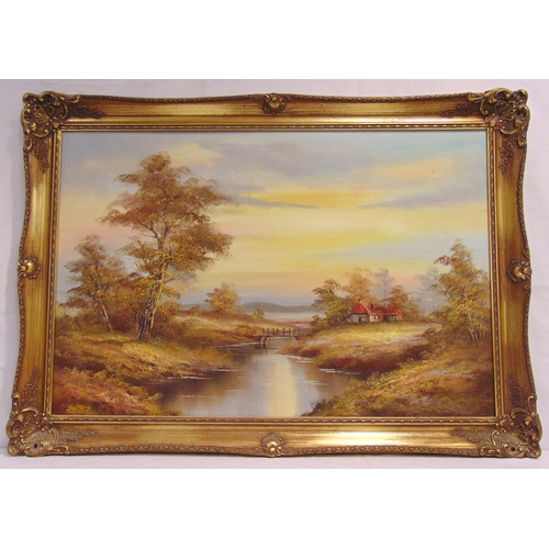 92 - Ben Thomas framed oil on panel of a country landscape with a stream and houses, signed bottom right,... 