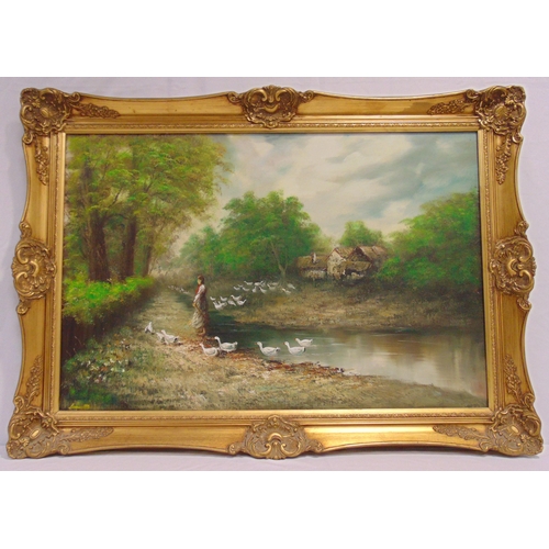 93 - A framed oil on panel of a farmyard with a lady feeding ducks, indistinctly signed bottom left, 60 x... 