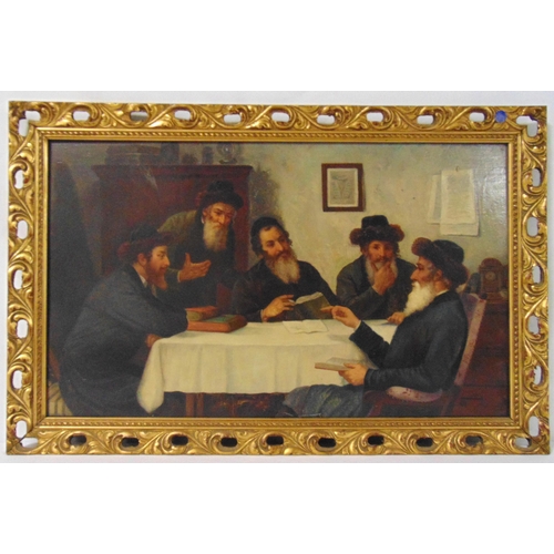 101 - F. Eden framed 19th century oil on board of a group of religious Jews around the table, signed botto... 