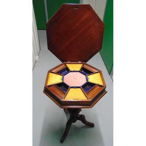 31 - A Victorian mahogany octagonal trumpet form sewing box the hinged cover revealing fitted interior al... 