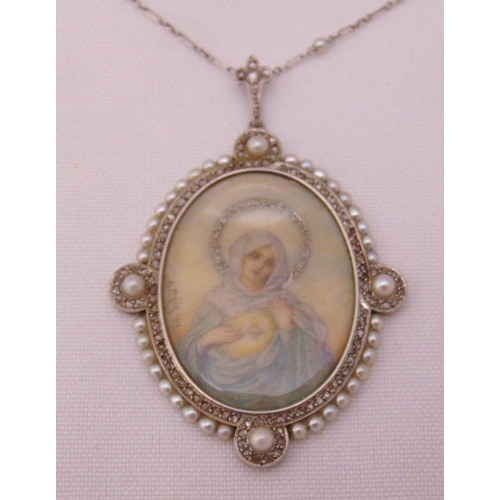 328 - A Madonna pendant set with seed pearls on a platinum chain, signed A Rijis dated 1919