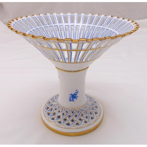 129 - Herend Chinese bouquet blue apponyi pattern circular pierced fruit stand on raised pierced circular ... 