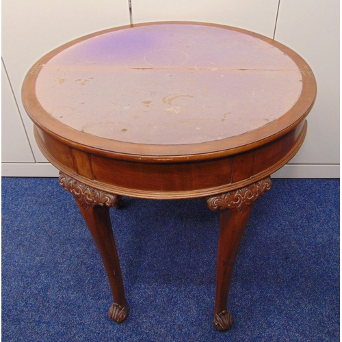 15 - An early 20th century demilune games table on scroll carved tapering legs, 76 x 76 x 37.5cm