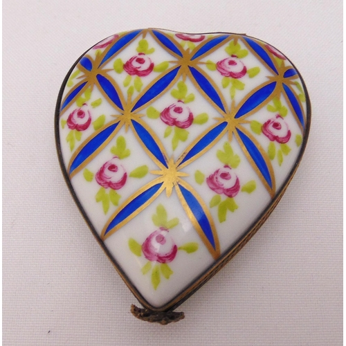 158 - Limoges heart shaped patch box decorated with flowers and leaves