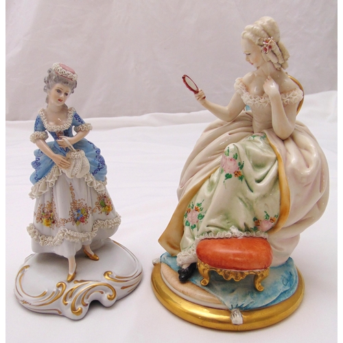 171 - Two Capodimonte figurines of ladies in classical 18th century dress, marks to the base, 23cm (h) and... 