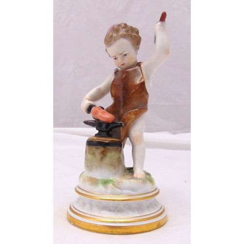 172 - A Meissen figurine of a putti blacksmith at his anvil shaping a heart on raised circular base, marks... 