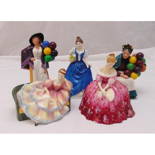 176 - Five Royal Doulton figurines to include Balloon Sellers and ladies, tallest 21.5cm (h)