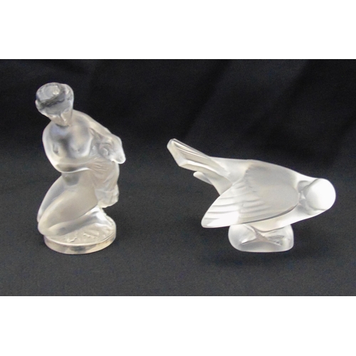 186 - Lalique mascot of a lady holding a lamb and a Lalique figurine of a dove, A/F