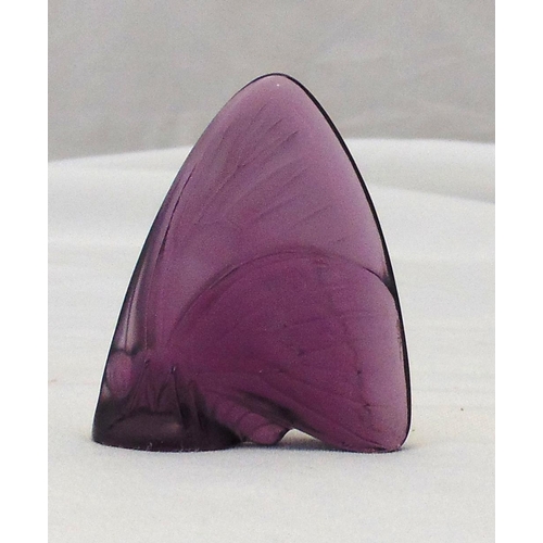 196 - Lalique amethyst colour crystal butterfly figurine, signed to the base, 6 x 4.5 x 1.5cm