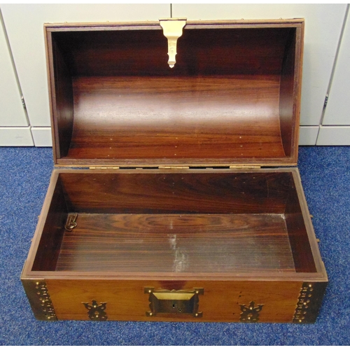 230 - A rectangular Indian wooden trunk with brass mounts and hinged domed cover, 37 x 70 x 40cm