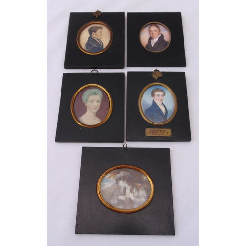 253 - Five early to mid 19th century framed miniatures portraits of three gentlemen and two ladies all in ... 