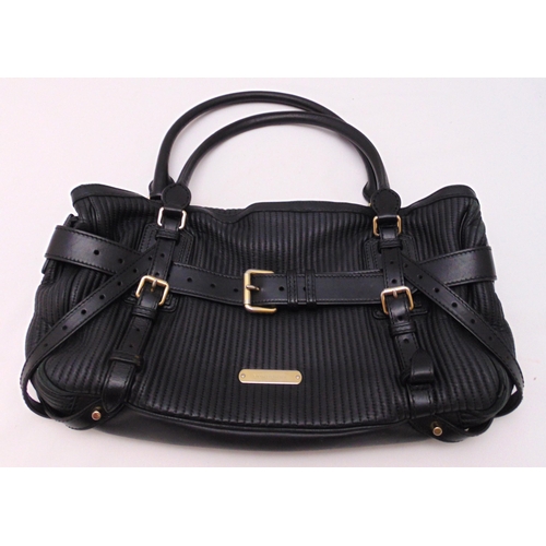 259 - Burberry black calf leather ladies tote bag with quilted strap and pockets