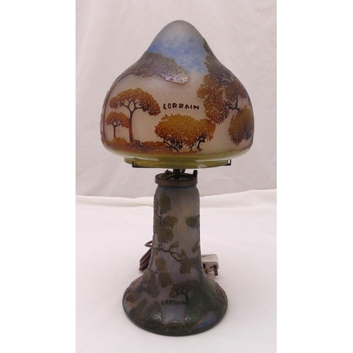 29 - Lorraine Art Deco acid etched mushroom lamp decorated with trees and foliage, signed to the shade an... 