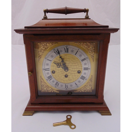 296 - Westminster Chiming bracket clock the mahogany case with carrying handle, silvered chapter rings, Ro... 