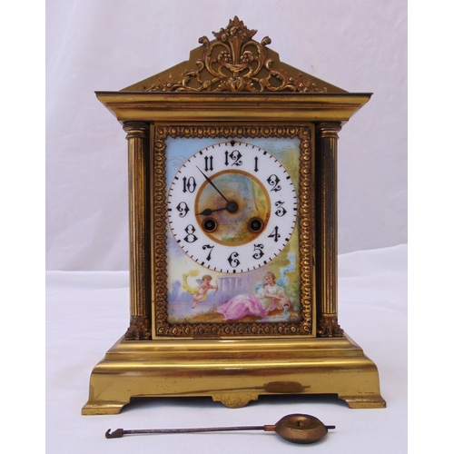 297 - An early 20th century brass chiming mantle clock, two train movement with painted porcelain dial, Ar... 