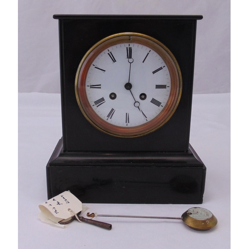 298 - A Victorian slate mantle clock of rectangular form, the white enamel dial with Roman numerals, two t... 