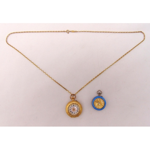 300 - 18ct yellow gold ladies pocket watch the reverse depicting a lady in a garden on an 18ct yellow gold... 