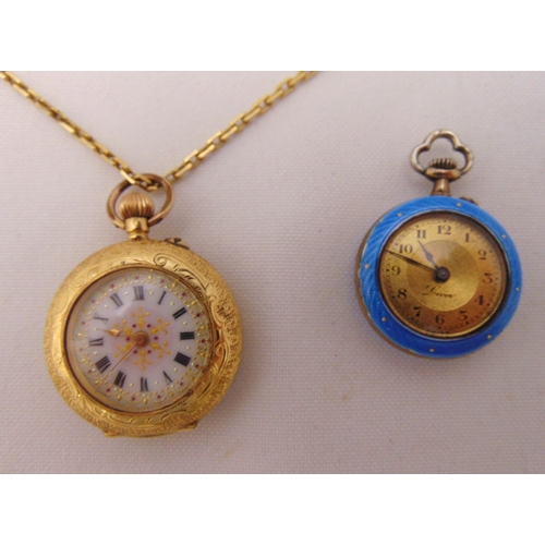 300 - 18ct yellow gold ladies pocket watch the reverse depicting a lady in a garden on an 18ct yellow gold... 