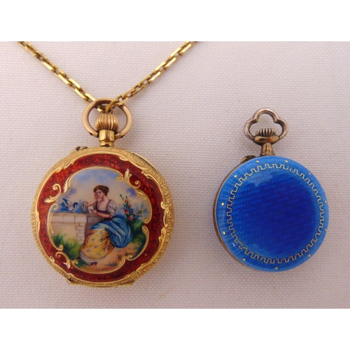 300 - 18ct yellow gold ladies pocket watch the reverse depicting a lady in a garden on an 18ct yellow gold... 