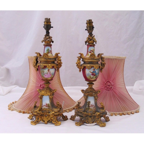 34 - A pair of late 19th century French gilt metal and porcelain table lamps, 46cm (h) excluding shades