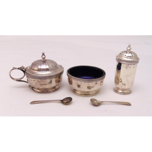 401 - A hallmarked silver three piece condiment set with beaded borders and panelled sides to include two ... 