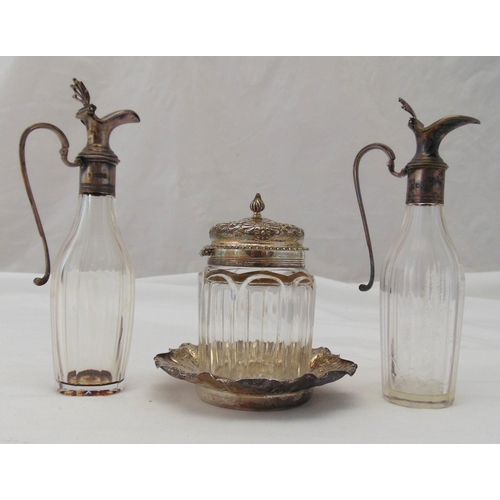 419 - A pair of glass and hallmarked silver oil and vinegar condiment bottles and a glass and hallmarked s... 