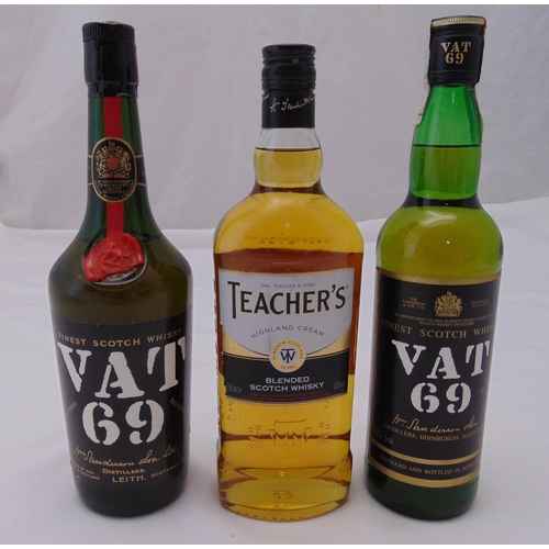 478 - Three bottles of Scotch whisky to include VAT 69 1970s bottling 75cl, VAT 69 70cl 40% and Teachers 7... 