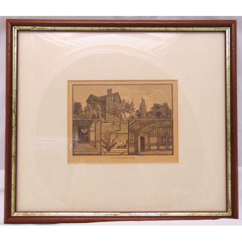 48 - A framed and glazed monochromatic etching of Queen Elizabeth I hunting lodge Chingford Epping Forest... 