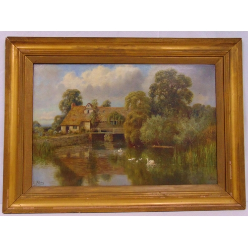 96 - John Bonny framed oil on canvas of a lake and houses, signed bottom left, 49.5 x 75cm