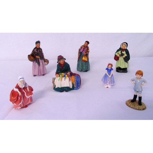 115 - Seven Royal Doulton figurines to include HN2100 Sairey Gamp, HN1759 The Orange Lady, HN2070 Bridget,... 