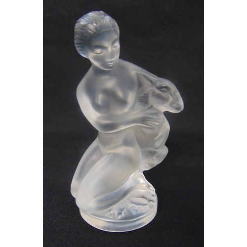 125 - Lalique frosted glass figurine of a lady holding a lamb, signed to the base, 11cm (h)