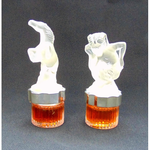 127 - Two Lalique eau de perfume with frosted glass figural finials, tallest 8cm (h)