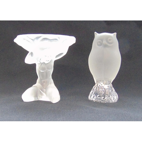 128 - Two frosted glass figurines of a nude female form and an owl, tallest 8cm (h)