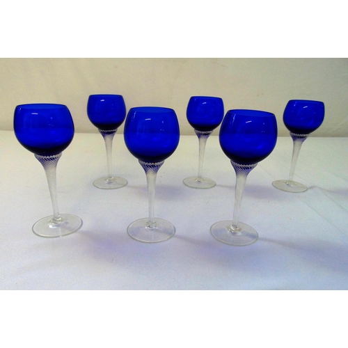 139 - A set of six Bristol Blue hock glasses on tapering stems with spreading bases